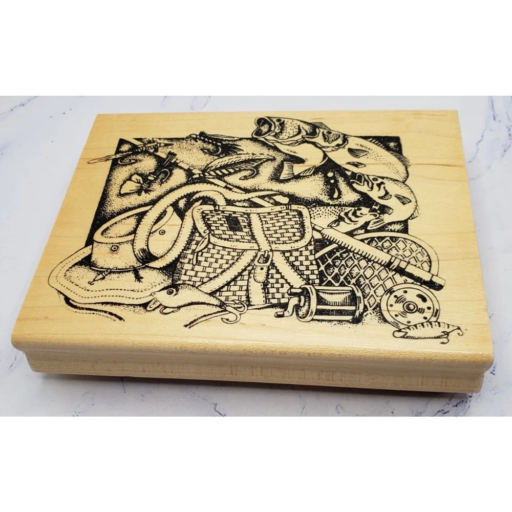 Fly Fishing Fish Collage Creative Impressions Wood Mounted Rubber Stamp